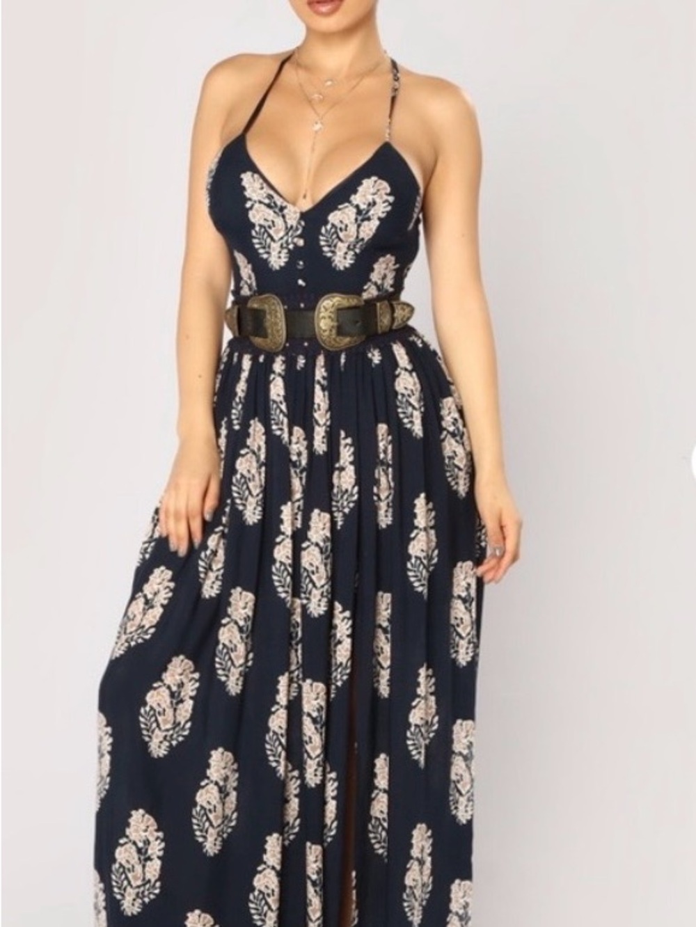 Fashion Nova Navy & Cream Floral Halter Maxi Dress